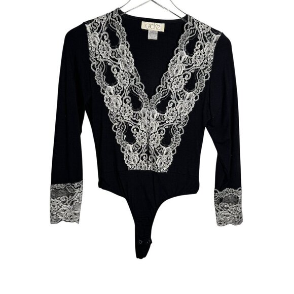 Vintage 80's CACHE Lace trim bodysuit black size small Long Sleeve Made in USA - Picture 5 of 5